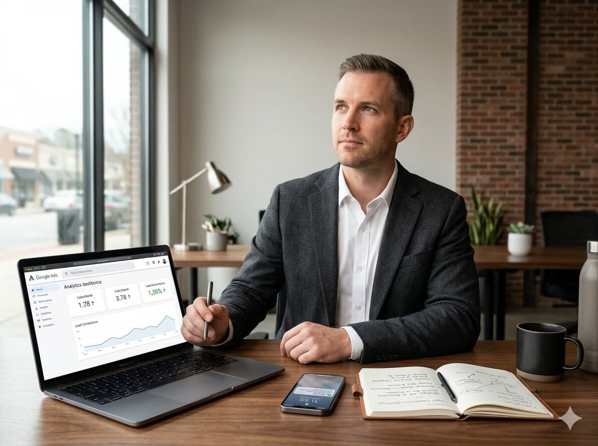 Marketing consultant reviewing Google Ads analytics dashboard